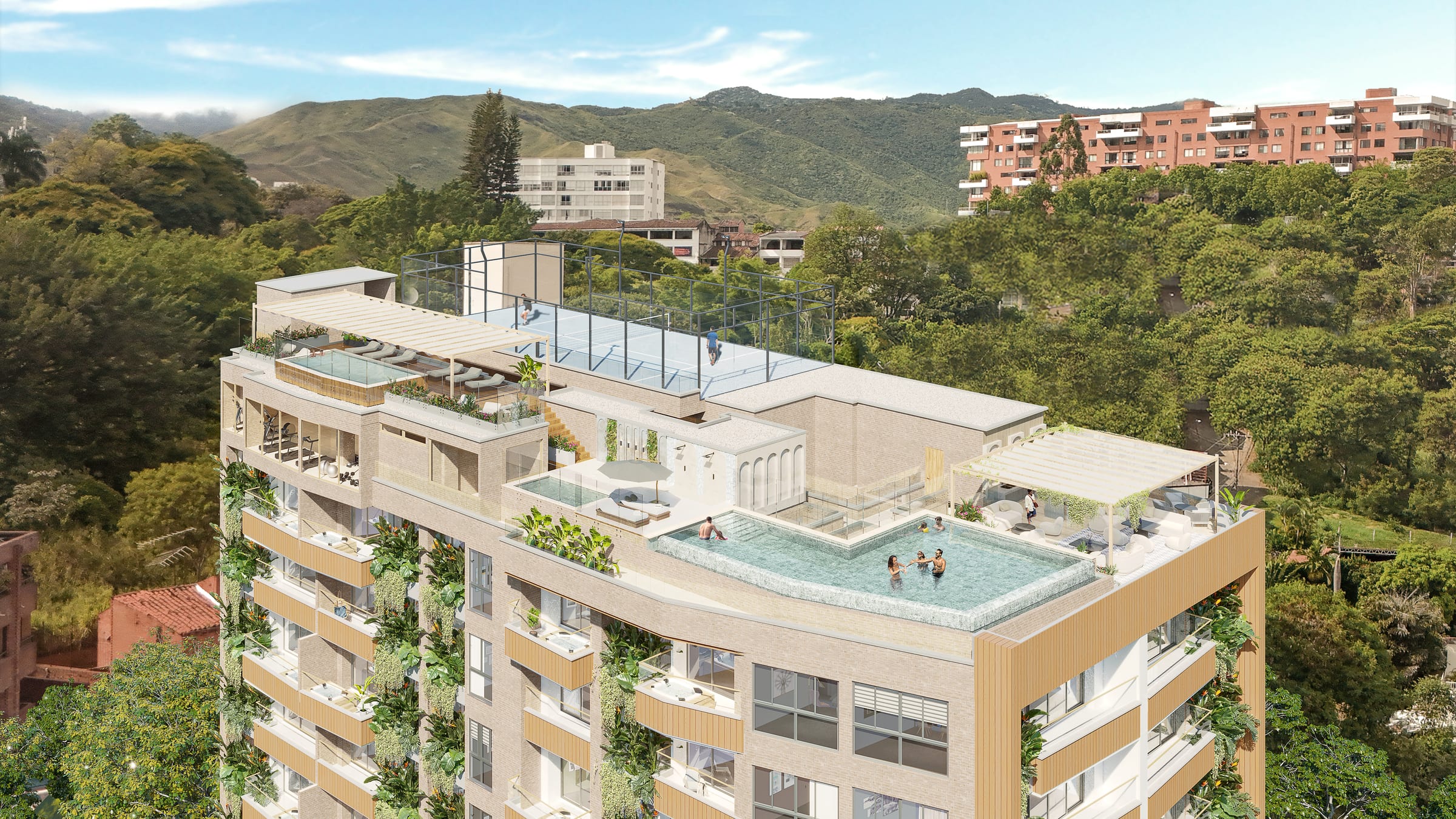 Aerial view of the rooftop with pool