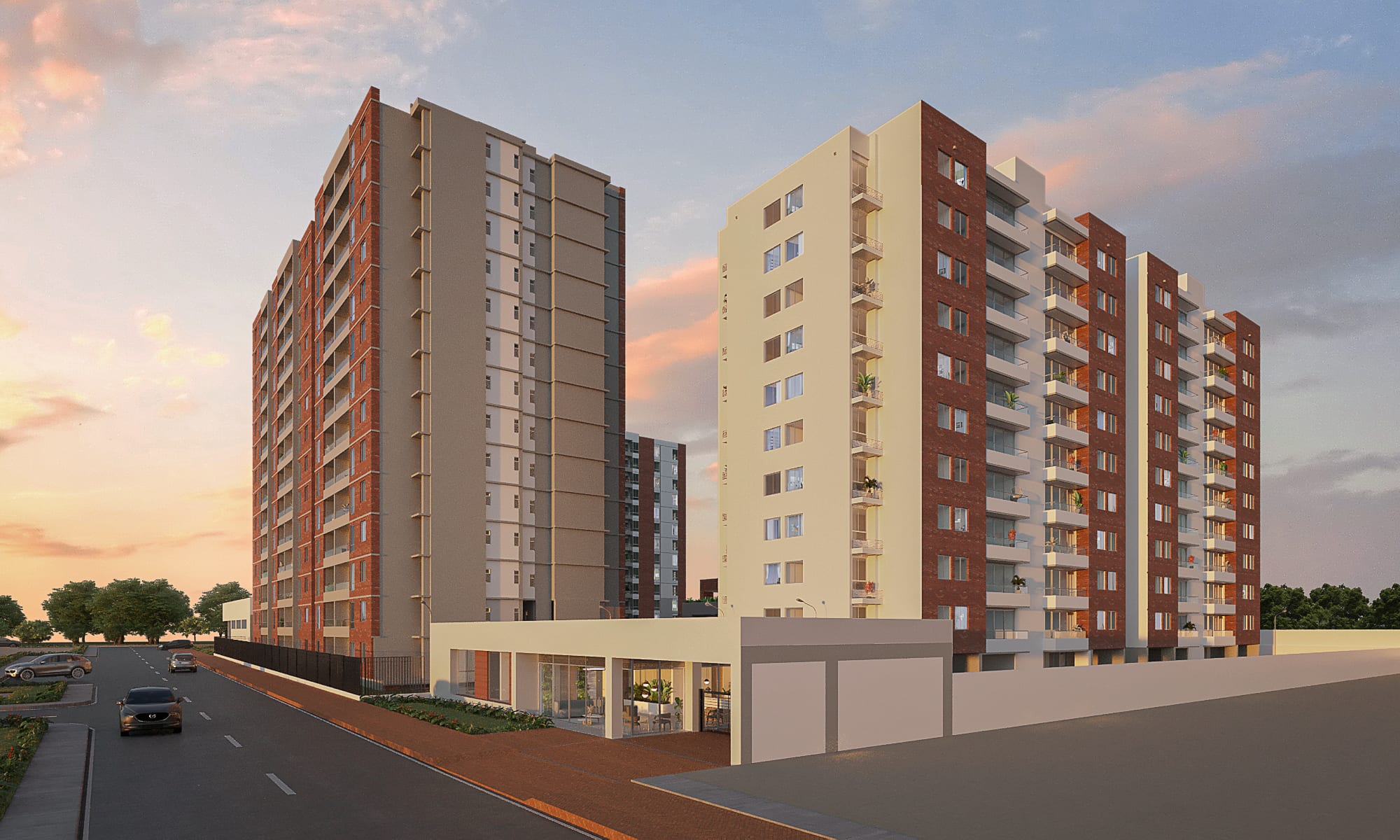 Nova Avenue towers at sunset